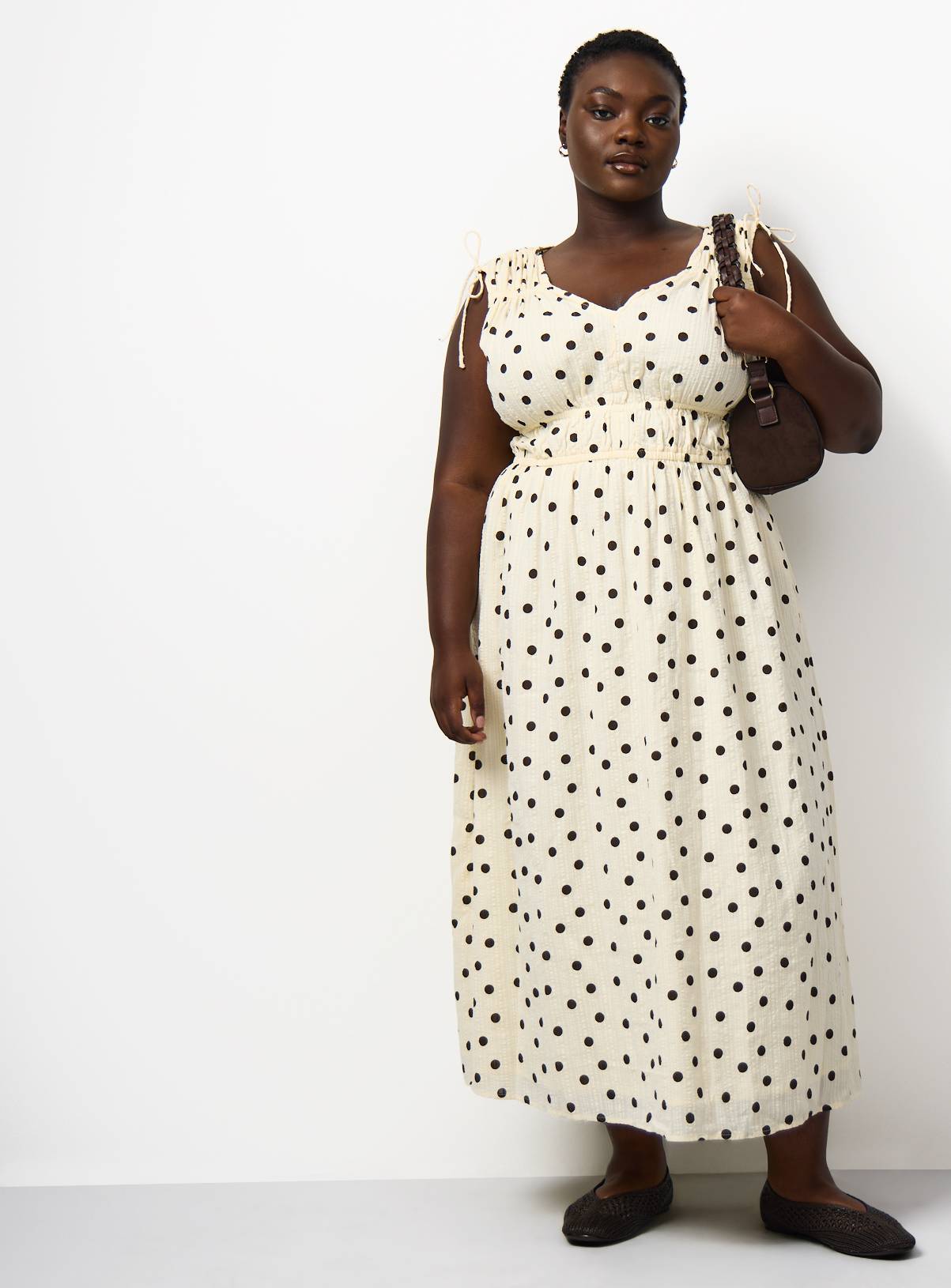 Cream Polka Dot Print Seersucker Sleeveless Shirred Dress 18 - Image 1